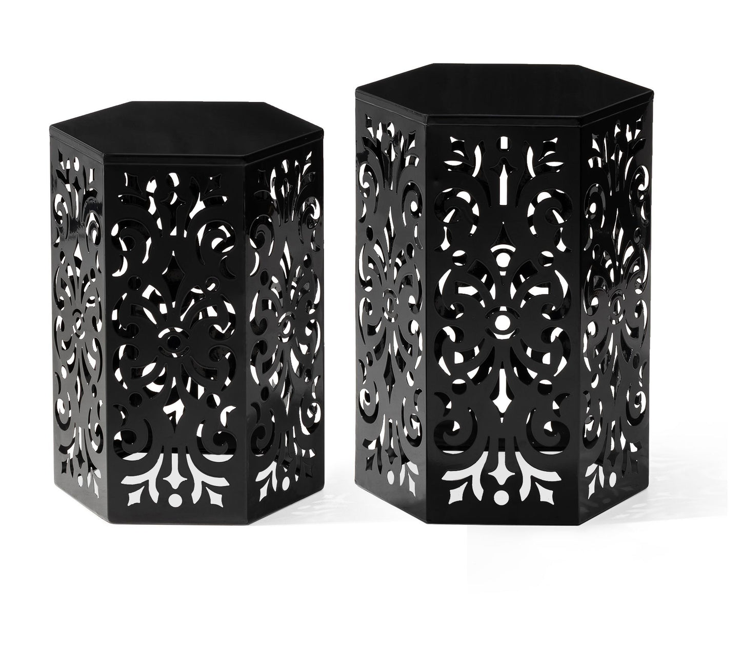 Glitzhome Set of 2 Iron Cutout Floral HexagonalGarden Stools
