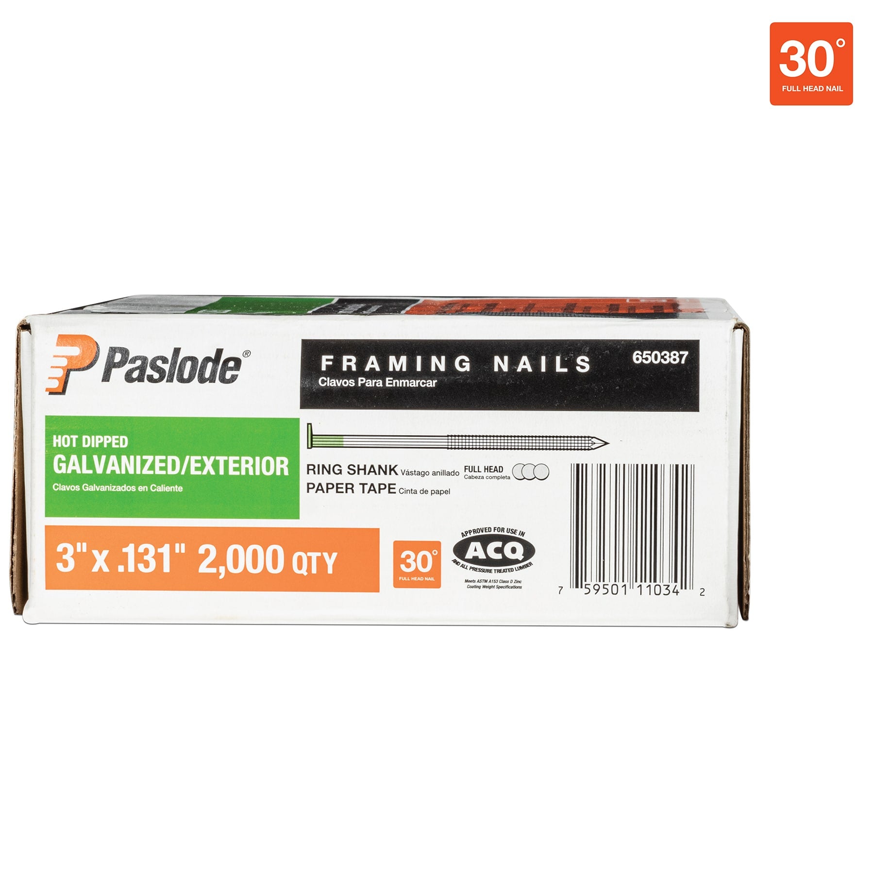 Paslode 3-in x 0.131-in 30 Degree Hot-Dipped Galvanized Ring Shank Collated Framing Nails (2000-Per Box) 650387