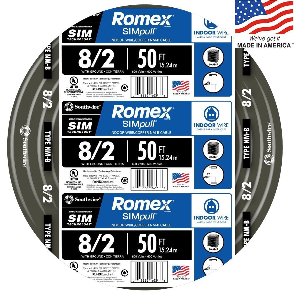 Southwire 50-ft 8/2 Romex SIMpull Stranded Indoor CU NM-B W/G Individual Pack (By-the-roll) 28893622