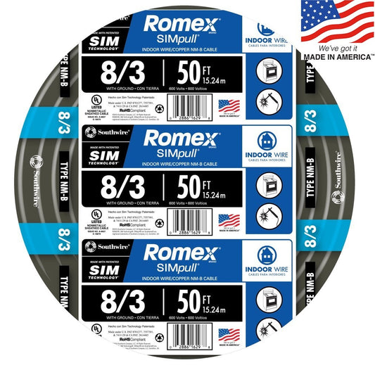 Southwire 50-ft 8/3 Romex SIMpull Stranded Indoor CU NM-B W/G Individual Pack (By-the-roll) 63949232