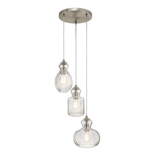 Kichler Riviera 3 -Light Brushed Nickel Transitional Ribbed glass Geometric Medium Hanging Pendant light 1253346