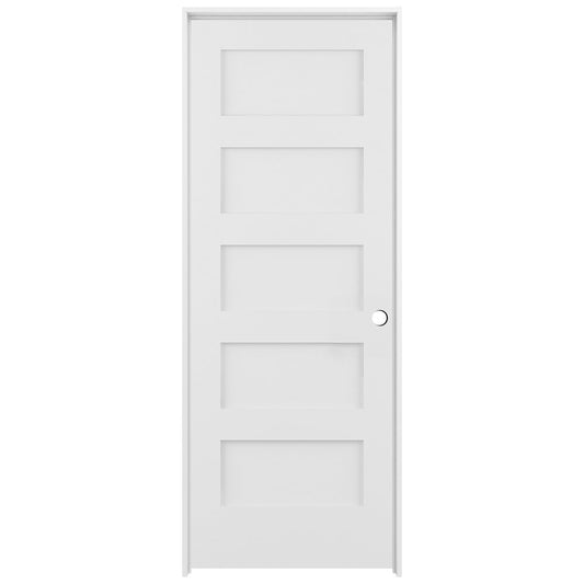 RELIABILT 36-in x 80-in Primed Solid core 5-panel square Left hand Smooth Primed Pine Wood Flat Jamb Single Prehung Interior Door