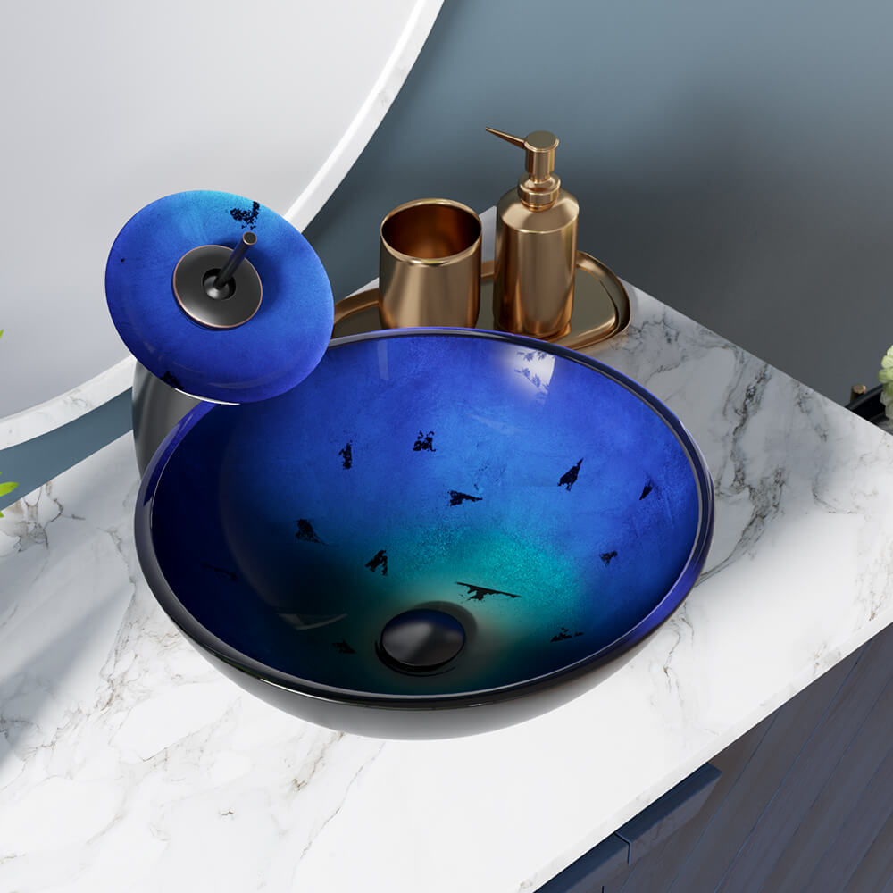 MR Direct Tempered glass Vessel Round Modern Light/Dark Blue Bathroom Sink with Faucet Included with Drain Included ( 16.5-Inches x 16.5-Inches )