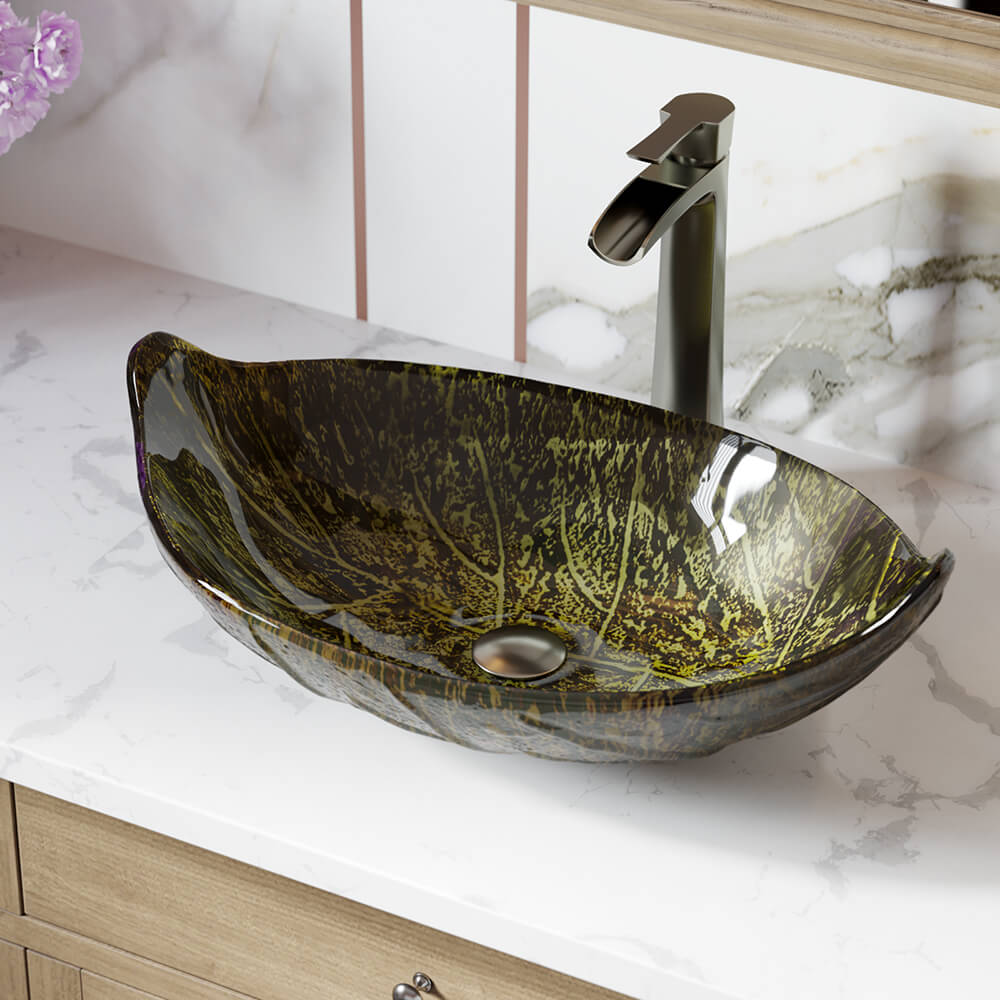 MR Direct Green, Brown Tempered Glass Vessel Irregular Modern Bathroom Sink with Faucet and Drain Included (23.25-in x 14.5-in)