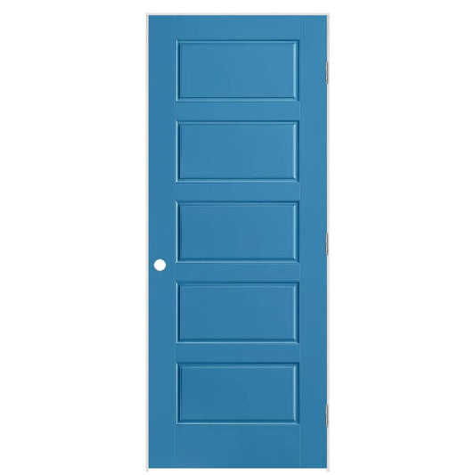 Masonite 32-in x 80-in Blue Heron Solid core 5-panel equal Left hand Smooth Prefinished Molded composite Flat Jamb Single Prehung Interior Door