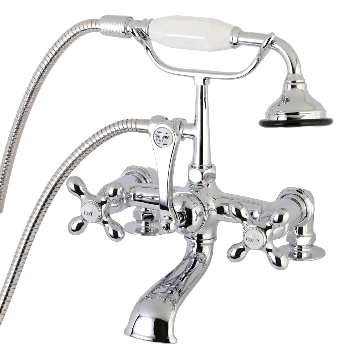 Kingston Brass Vintage Polished chrome 3-handle Deck-mount Roman Low-arc Bathtub Faucet with Hand Shower ( Valve Included )