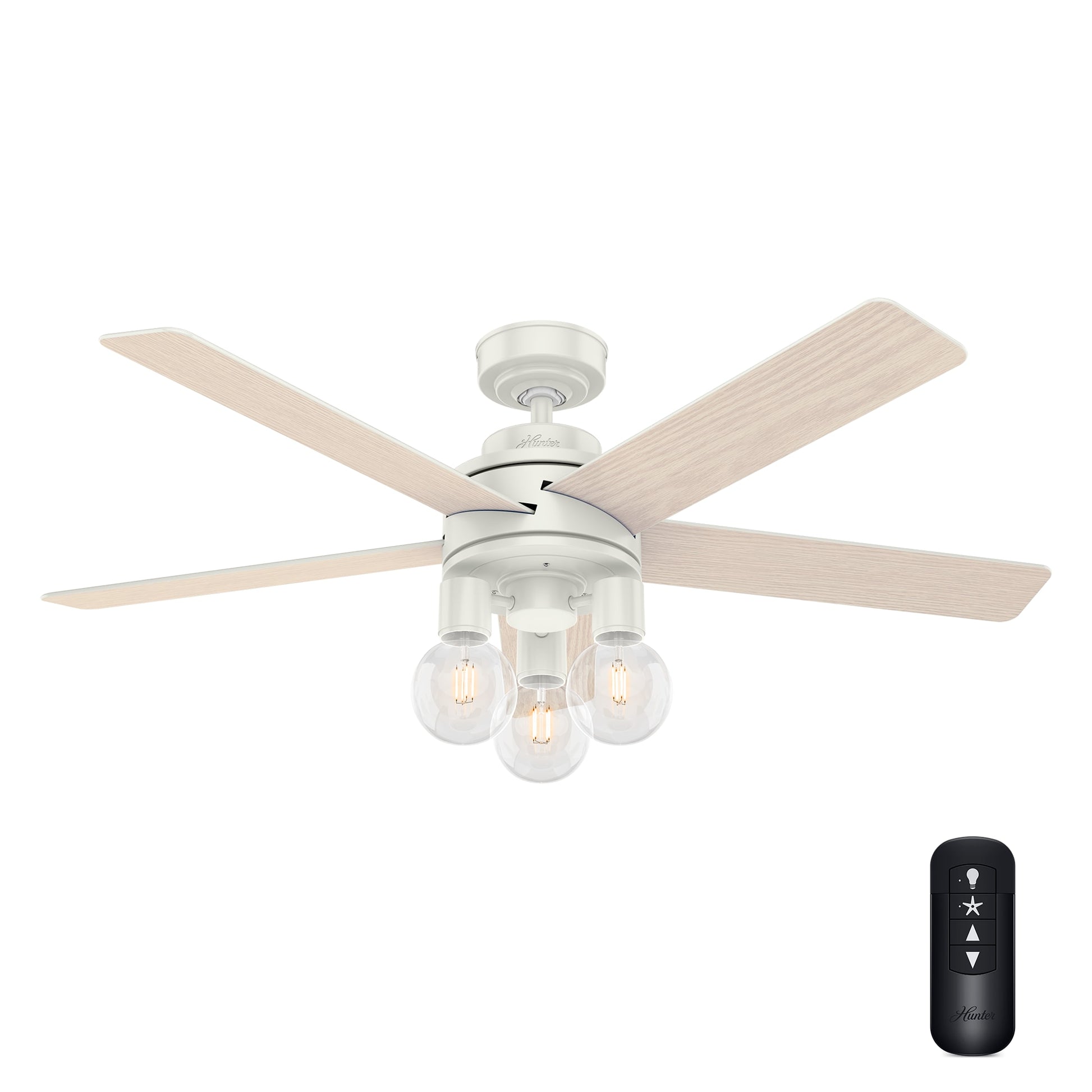 Hunter Hardwick 52-in Downrod or Flush Mount Fresh White with White Washed Oak Blades Ceiling Fan With Light - Remote Included ( 5 -Blade ) 2366503