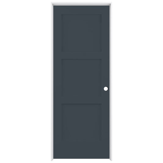 RELIABILT 32-in x 80-in Steele Gray Solid core 3-panel square Left hand Smooth Prefinished Pine Wood Flat Jamb Single Prehung Interior Door