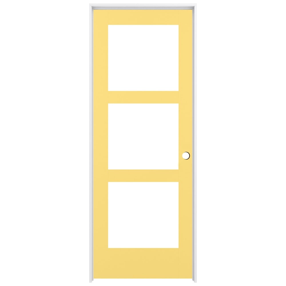 RELIABILT 28-in x 80-in Marigold Solid core 3-panel square Frosted glass Left hand Smooth Prefinished Pine Wood Flat Jamb Single Prehung Interior Door