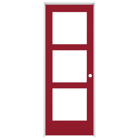 RELIABILT 24-in x 80-in Barn Red Solid core 3-panel square Frosted glass Left hand Smooth Prefinished Pine Wood Flat Jamb Single Prehung Interior Door