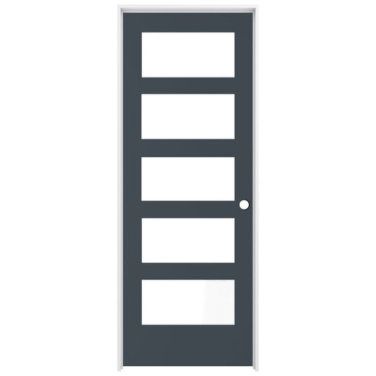 RELIABILT 28-in x 80-in Steele Gray Solid core 5-panel equal Frosted glass Left hand Smooth Prefinished Pine Wood Flat Jamb Single Prehung Interior Door