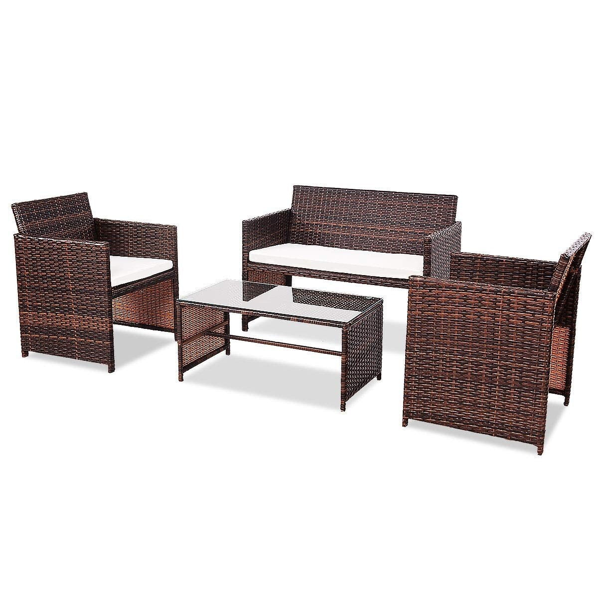 CASAINC 4-Piece Rattan Patio Conversation Set with Brown Cushions