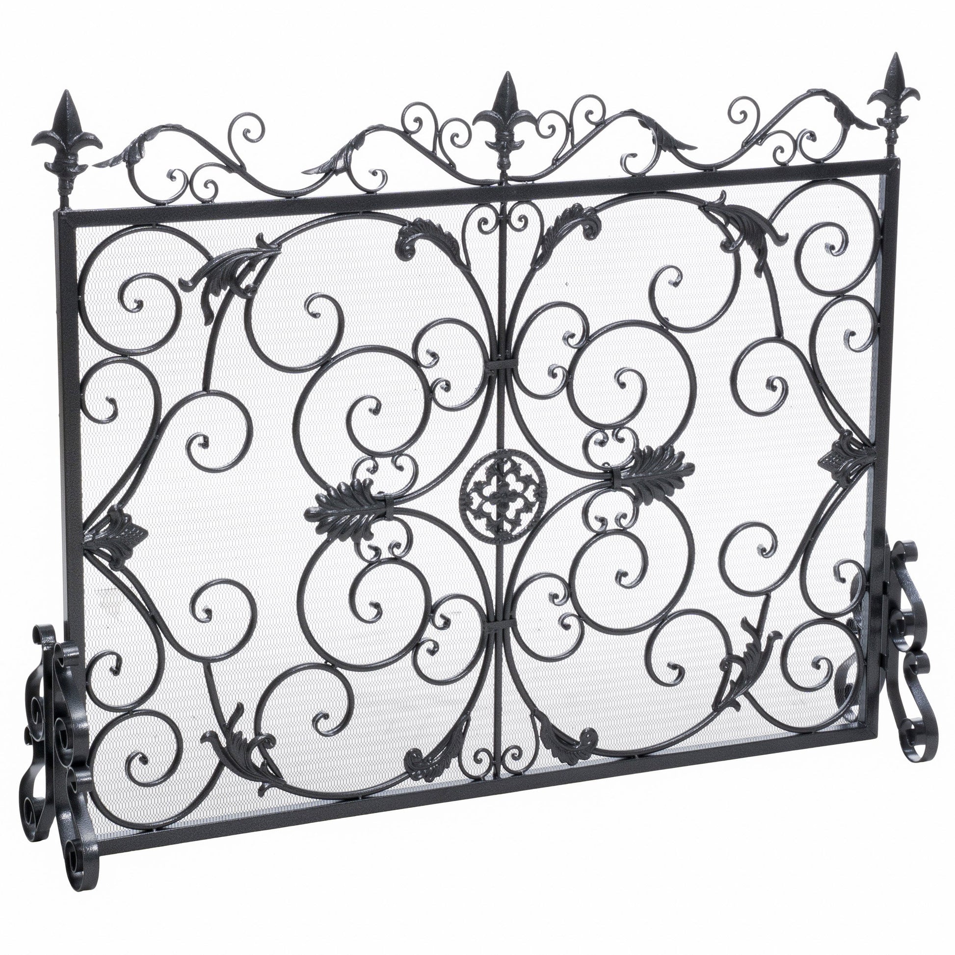 Home Decor Wilmington Fireplace Screen - Silver Flower on Black - Iron - Up to 28-in - Scroll Design 295449