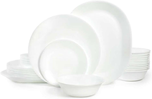 Corelle Vitrelle 38-Piece Service for 12 Dinnerware Set, Triple Layer Glass and Chip Resistant, Lightweight Round Plates and Bowls Set, Winter Frost White