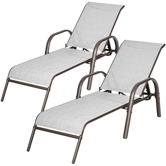 Clihome Pool Lounger Set of 2 Brown Steel Frame Stationary Chaise Lounge Chair with Gray Sling Seat