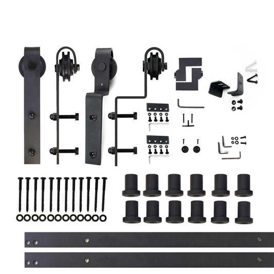 HOMACER 180-in Rustic Black Indoor J-strap Double Bypass Barn Door Hardware Kit YT5TGH180C