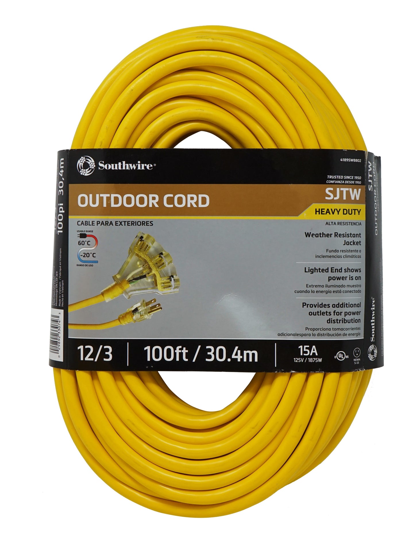 Southwire 100-ft 12/3 3-Prong Yellow Outdoor SJTW Heavy Duty Lighted Extension Cord 4189SW8802
