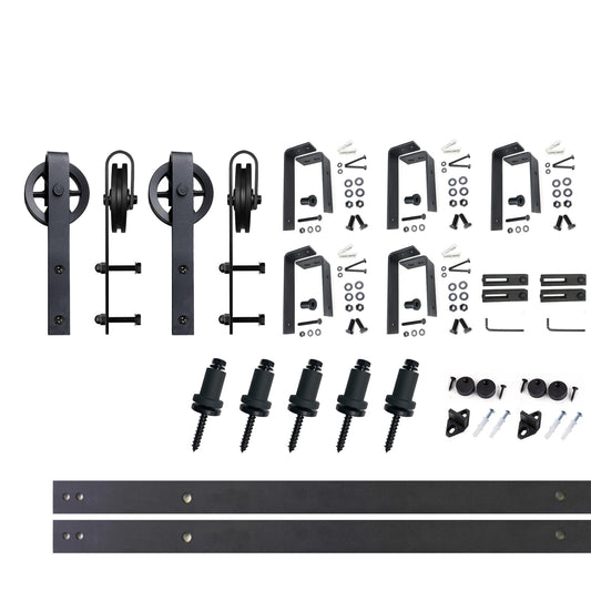 HOMACER 72-in Rustic Black Indoor Spoke Wheel Double Bypass Barn Door Hardware Kit HL4TGH072C