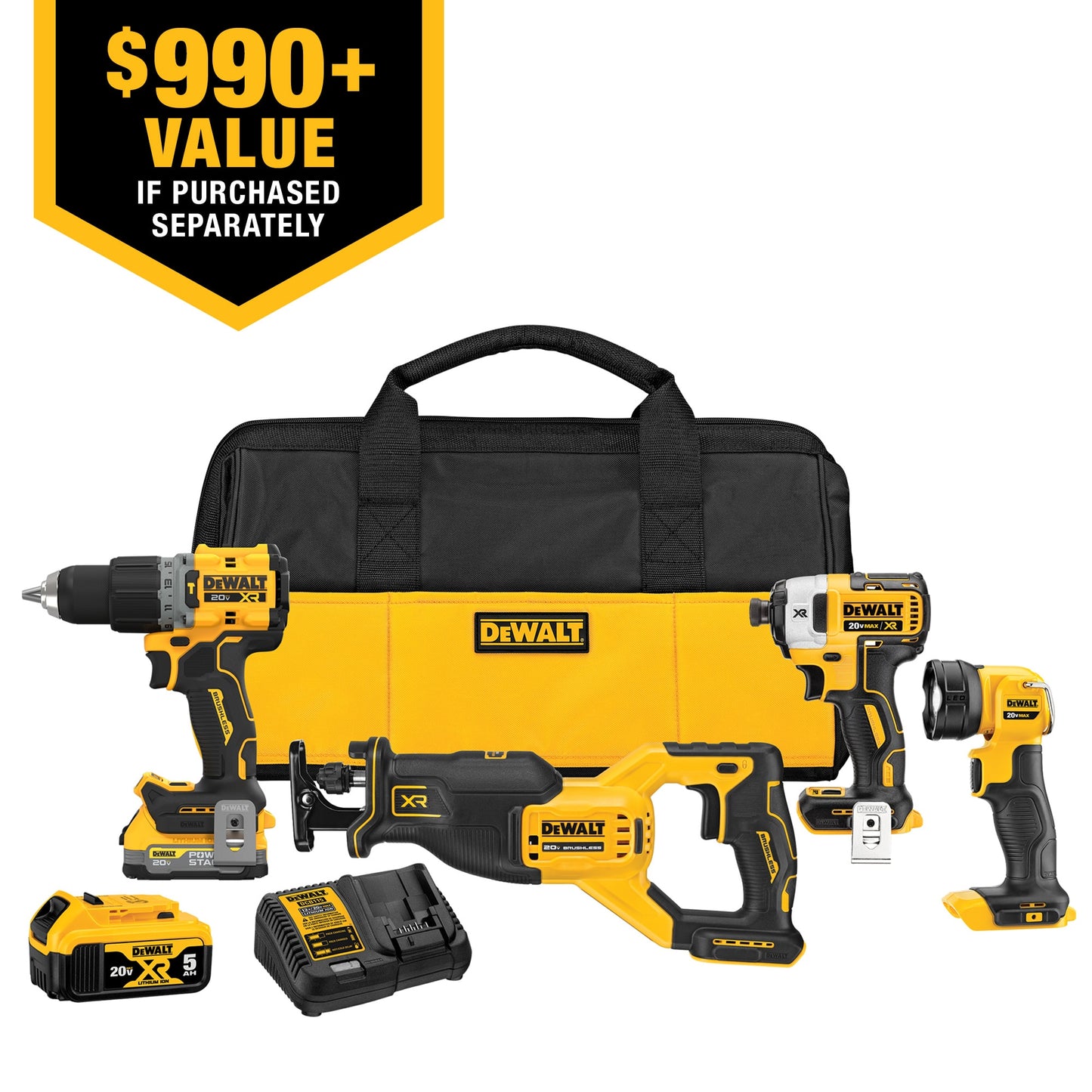DEWALT 20V MAX XR Brushless 4-Tool Combo Kit with POWERSTACK Compact Battery, 5.0Ah Battery, Charger and Tool Bag DCK449E1P1