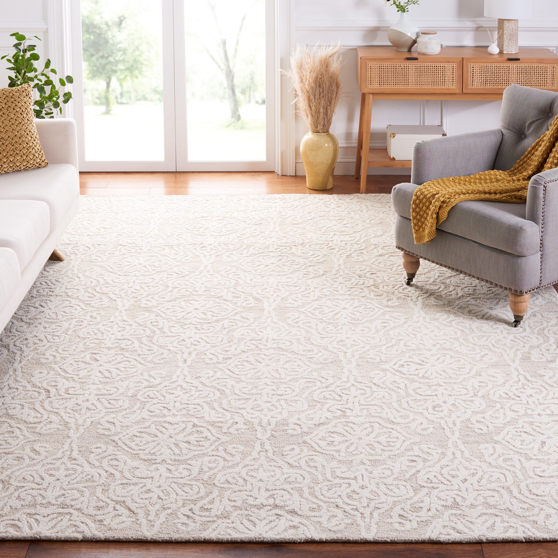 Safavieh Blossom Mahalia 9 x 12 (ft) Tufted Wool Beige/Ivory Rectangular Indoor Damask Farmhouse/Cottage Area rug