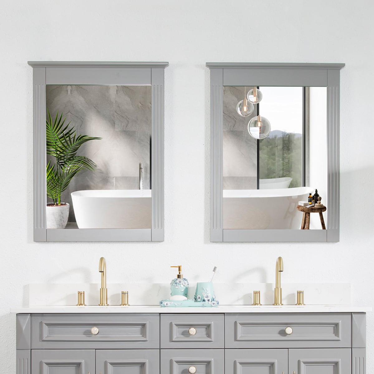 WELLFOR 2-Piece 26-in x 33-in Framed Rectangle Bathroom Vanity Mirror ( Gray )