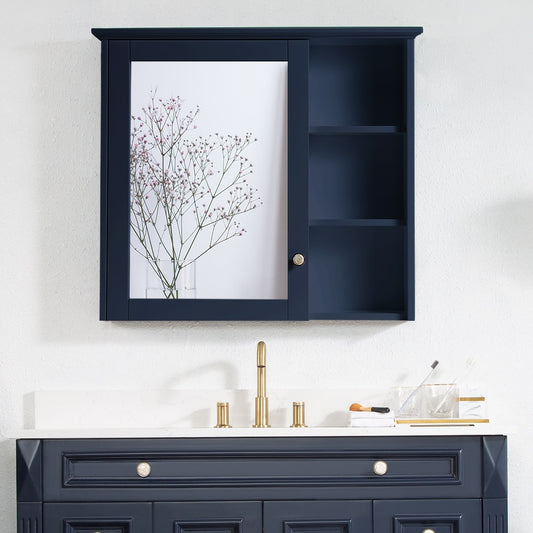 WELLFOR Solid Wood 34-in x 30-in Surface Mount Navy Blue Mirrored Rectangle Soft Close Medicine Cabinet