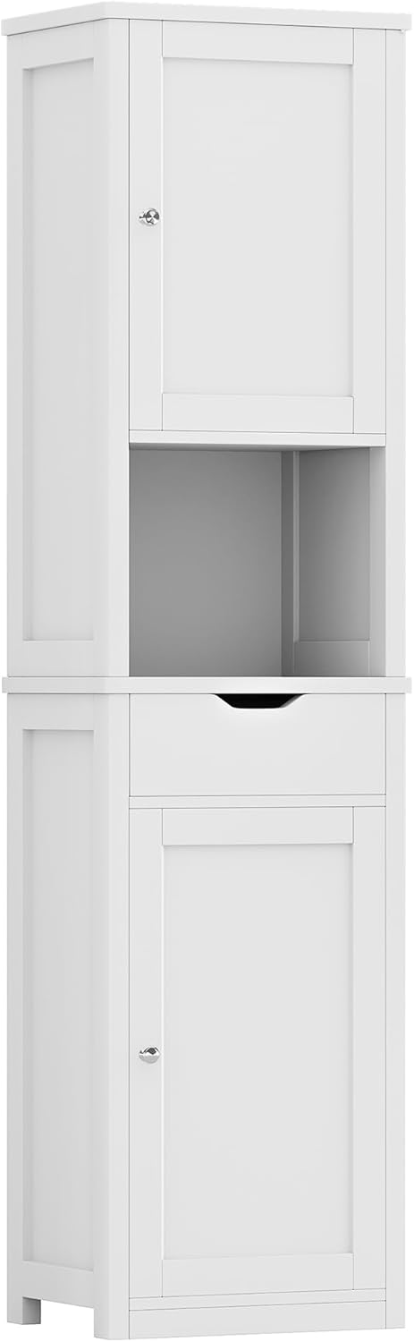 Shintenchi Tall Bathroom Storage Cabinet, Slim Corner Floor Cabinet with Doors and Drawer, Freestanding Narrow Bathroom Organizer with Adjustable Shelves for Small Space, White