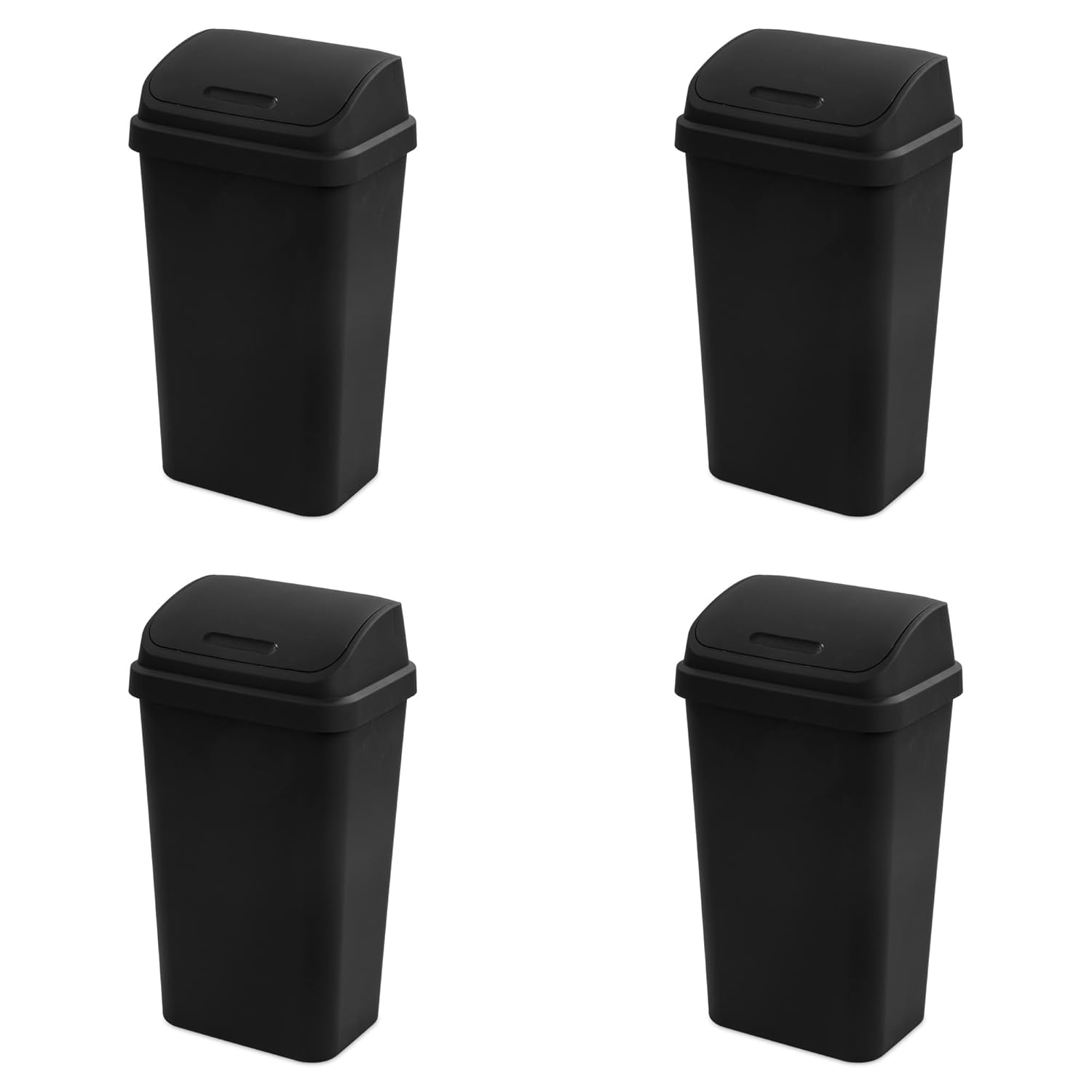 Sterilite 4-Pack Swing Top Wastebasket, Sleek Square Profile Trash Can, 13 Gallon, Black - Modern Garbage Bin for Kitchen, Bathroom, Garage and Workspace, Fits 13 Gal Liners