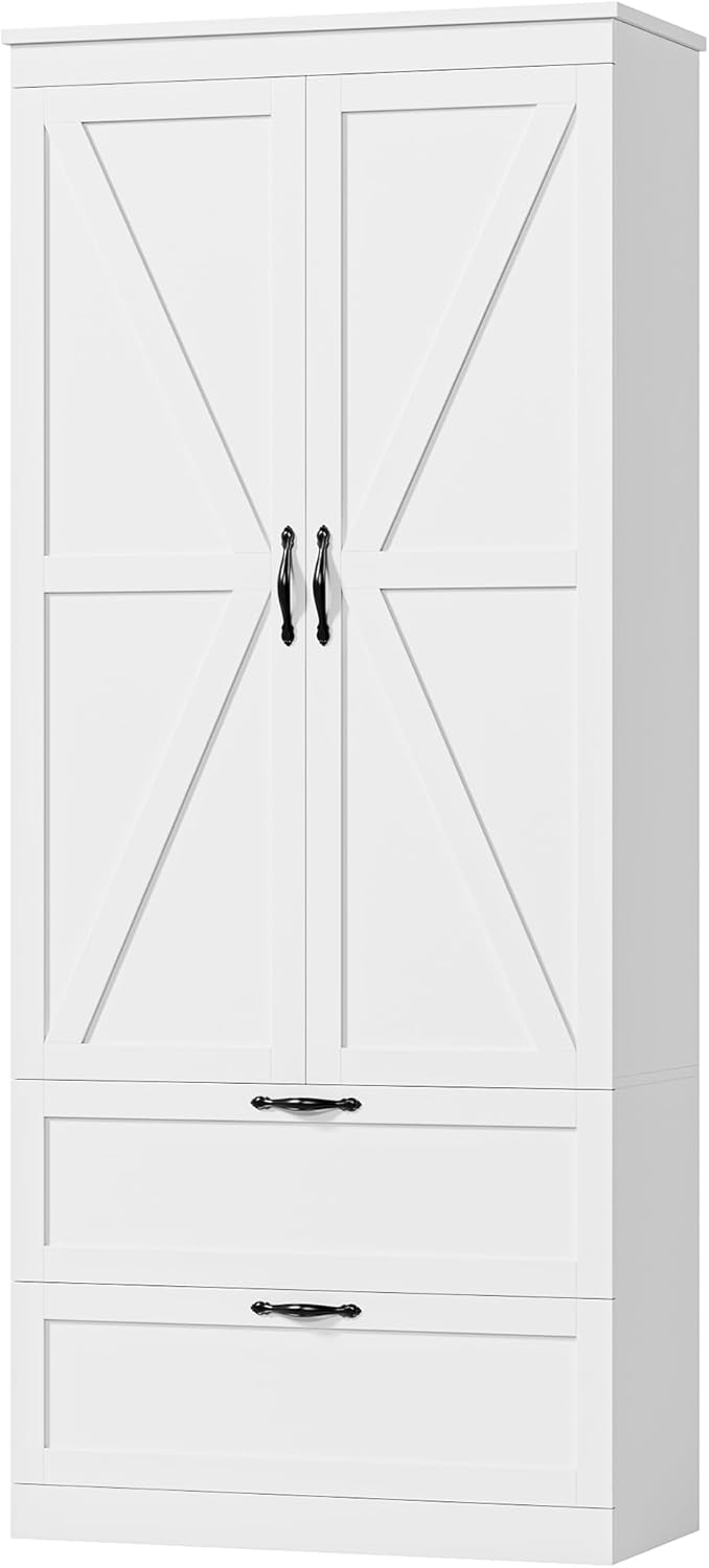 HOSTACK 70" Tall Kitchen Pantry Storage, Barn Doors Pantry Cabinet with Drawers and Adjustable Shelf, Modern Farmhouse Storage Cabinet for Kitchen, Dining Room, Living Room, Bathroom, White