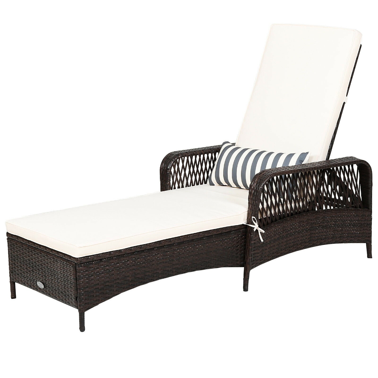 WELLFOR Wicker Black Steel Frame Stationary Chaise Lounge Chair with White Cushioned Seat