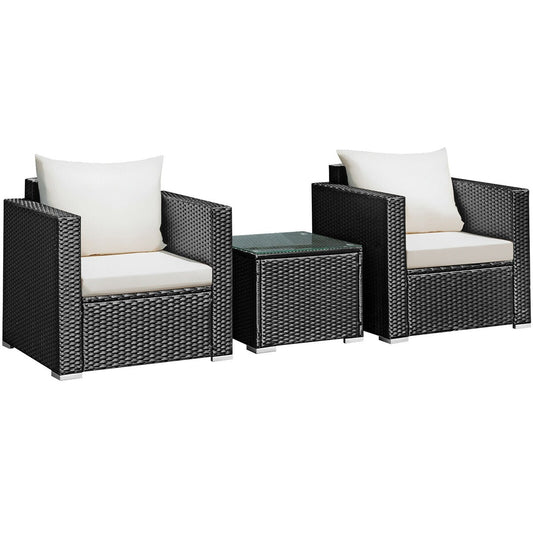 WELLFOR 3 -Piece Rattan Patio Conversation Set with White Cushions