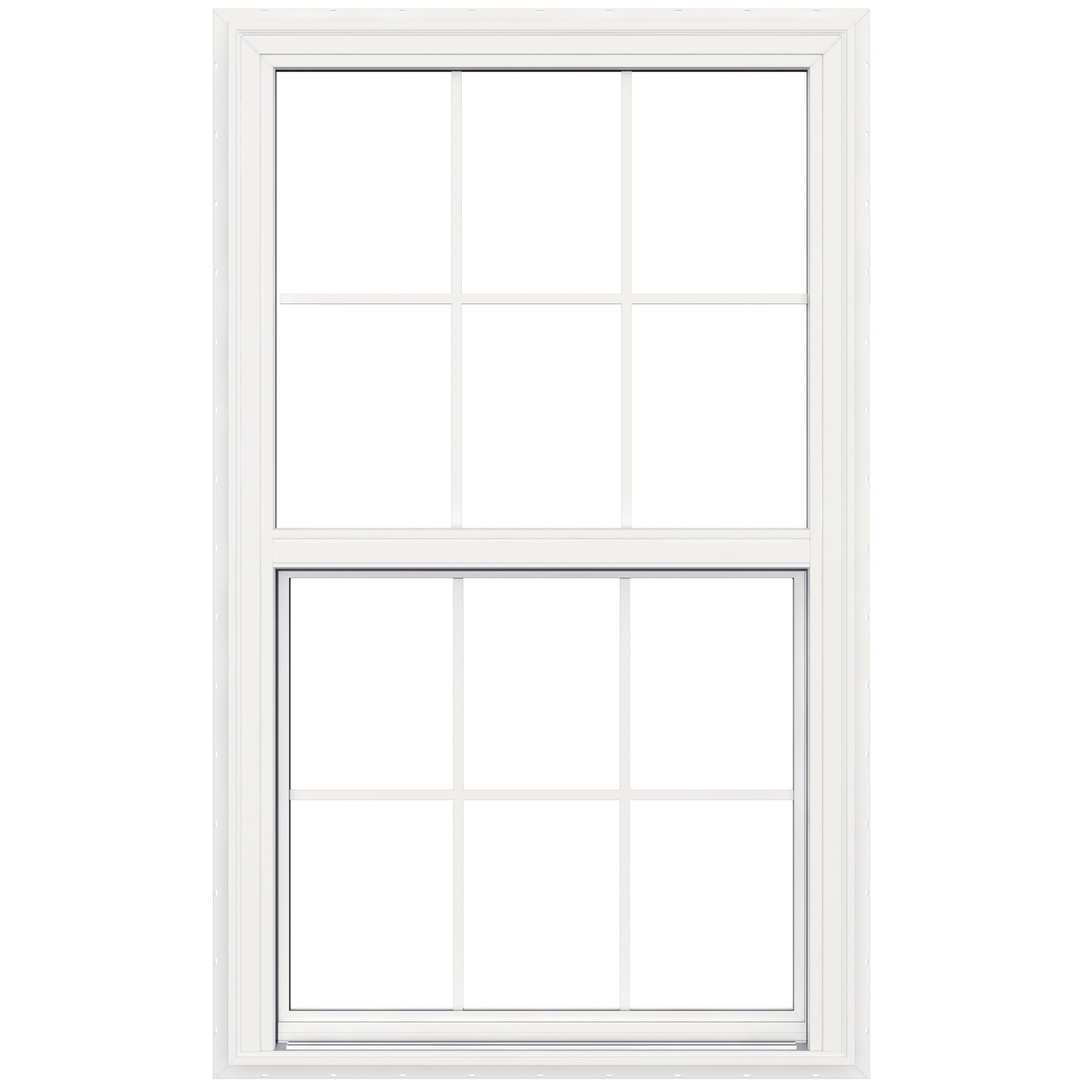 JELD-WEN V-2500 White Exterior Vinyl New construction Single Hung Window Low-E argon Double Pane Glass with Grids, (Half Screen Included)