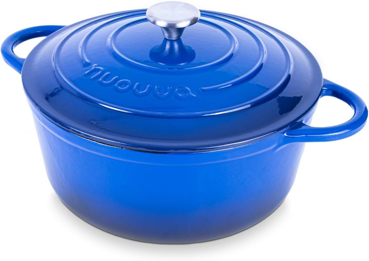 Nuovva Enamelled Cast Iron Dutch Oven Pot with Lid \u2013 6.4 Quart Non Stick Casserole Pot \u2013 Heavy Duty & Oven Safe up to 500° F for Bread Baking, Braising, Stews, Roasting \u2013 28cm Dark Blue
