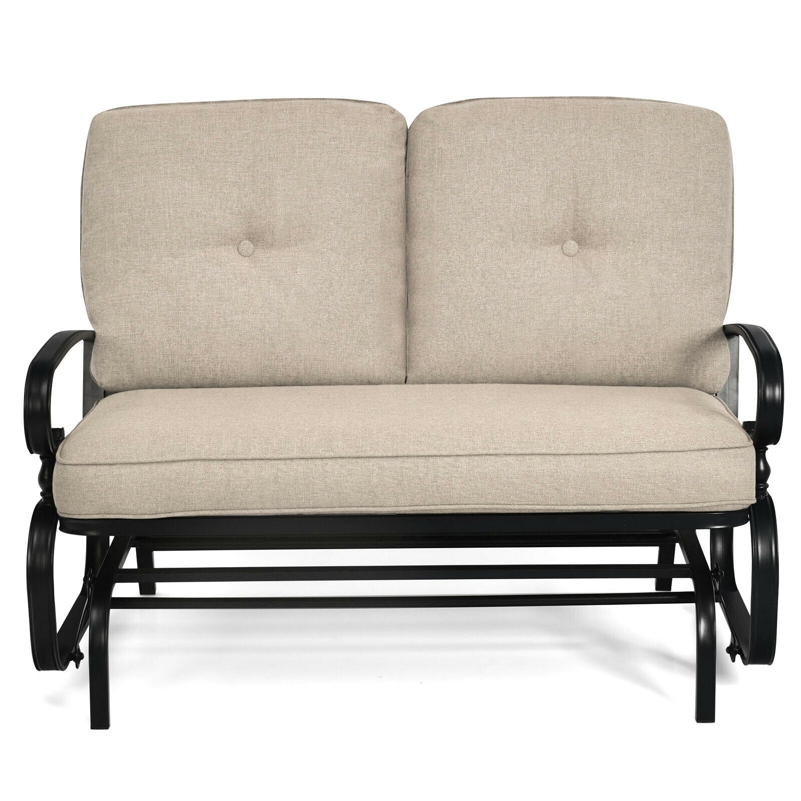 WELLFOR CW Glider Loveseat Black Steel Frame Glider Rocking Chair with Off-white Cushioned Seat