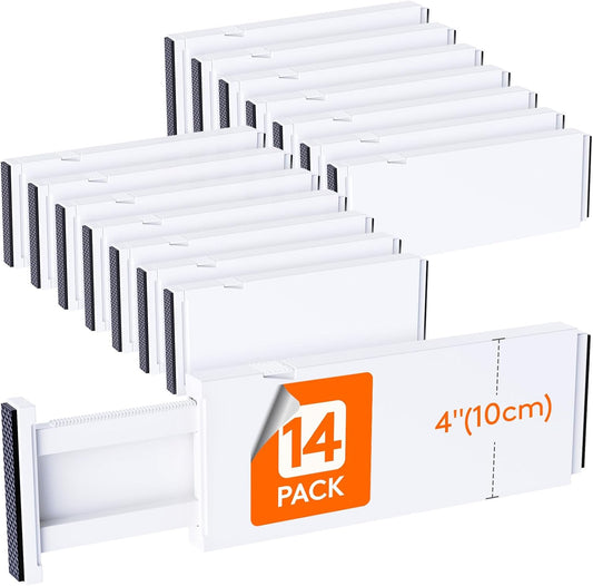 Lifewit 14 Pack Drawer Dividers 4" High, 11-17" Adjustable Drawer Organizers for Clothes, Expandable Dresser Separators in Bedroom\/Bathroom\/Kitchen\/Fridge\/Office Organization and Storage, White