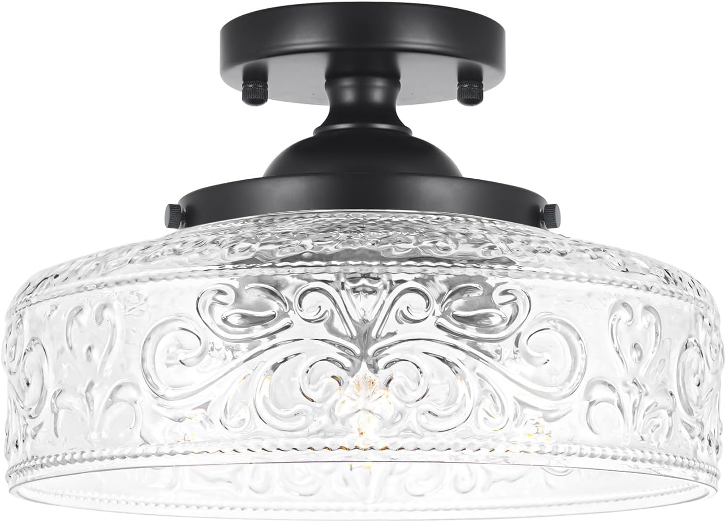 Daunton Semi Flush Mount Ceiling Light Fixture, Vintage Matte Black 3-Light Fixture with Etched Crystal Glass Shade for Kitchen,Hallway, Entryway, Bedroom (No E12 Bulbs Included)