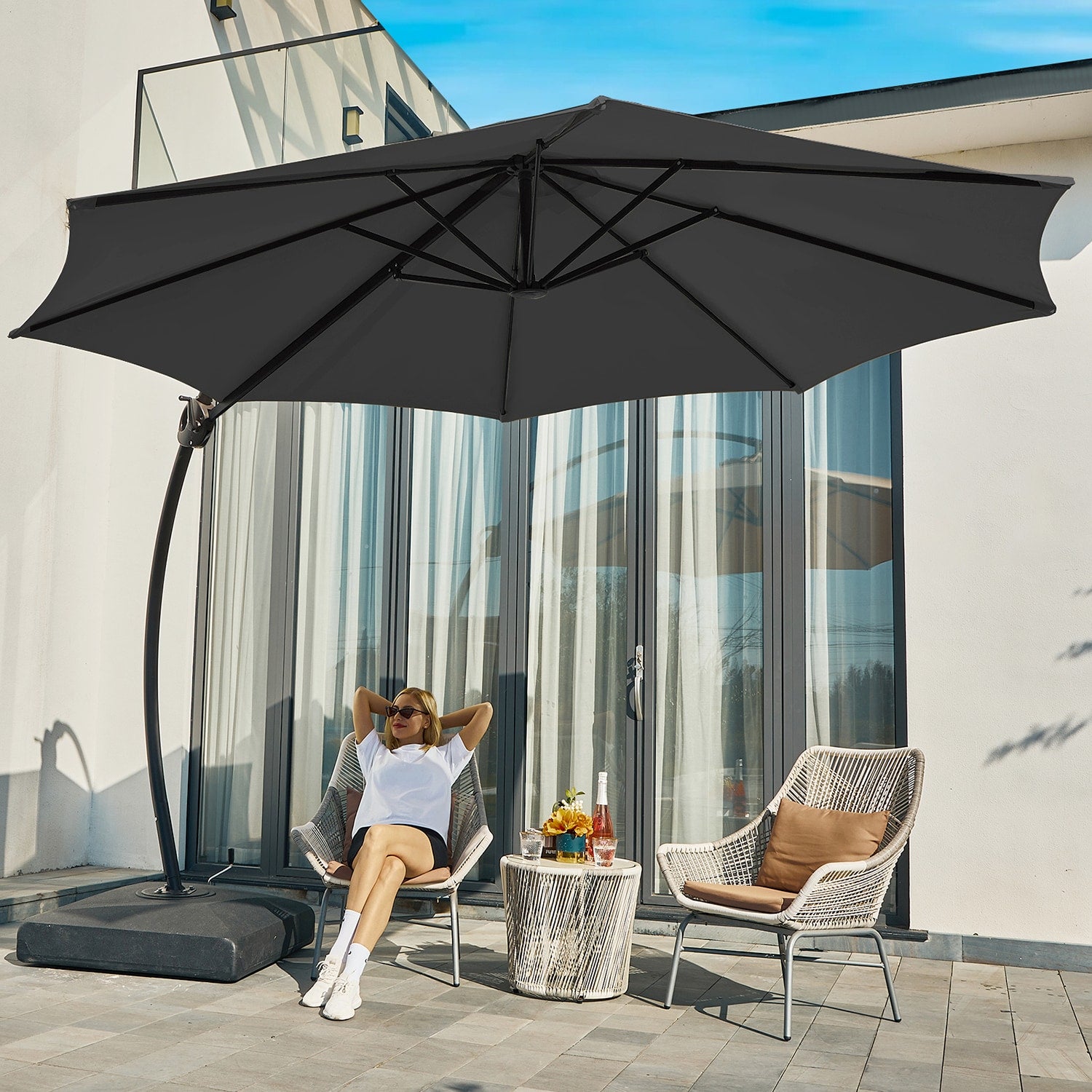 JEAREY 12-Feet Aluminum Gray Cantilever Patio Umbrella with Base