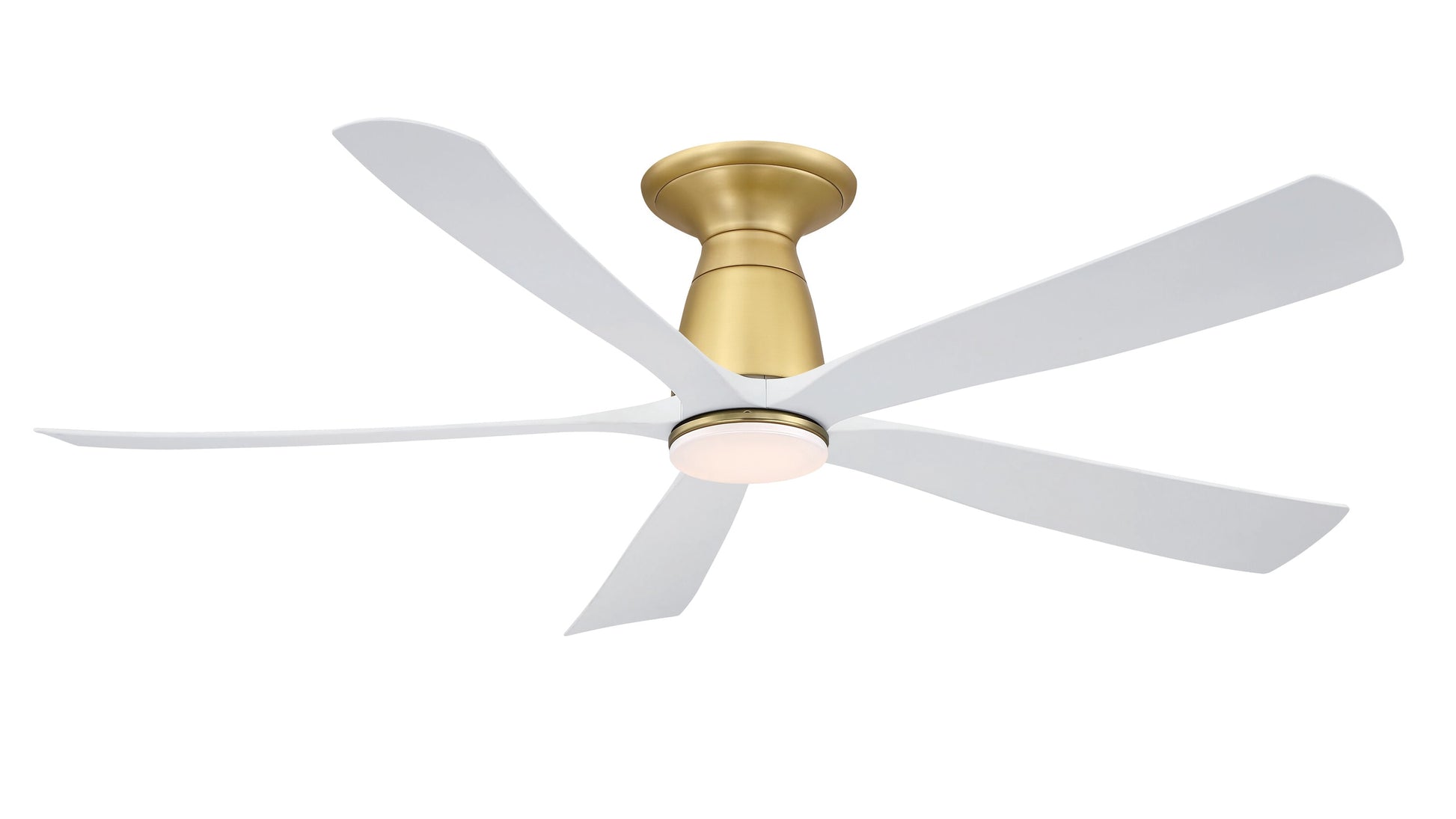 Fanimation Kute5 52-in Brushed Satin Brass with Matte White Blades Color-changing Integrated LED Indoor/Outdoor Flush Mount Smart Ceiling Fan with Light and Remote (5-Blade) FPD5534BS-LK-F