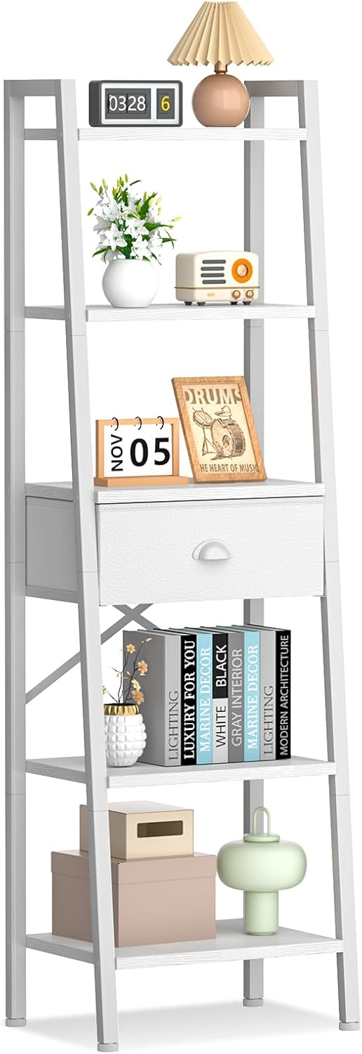 Furologee 5 Tier Bookshelf, Ladder Shelf with Drawer, Tall and Narrow Bookcase, Storage Shelves Organizer,Industrial Display Standing Units for Bathroom,Kitchen,Bedroom,Living Room,White