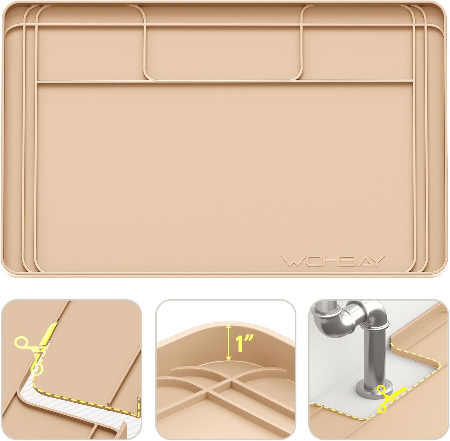 Wohbay Under Sink Mats for Kitchen Waterproof, Cut to Fit Under Sink Drip Tray for Kitchen Bathroom Cabinets, Silicone Under-Cabinet Hold Up to 3.3 Gallons Liquid, 34" X 22" Or Smaller -Khaki