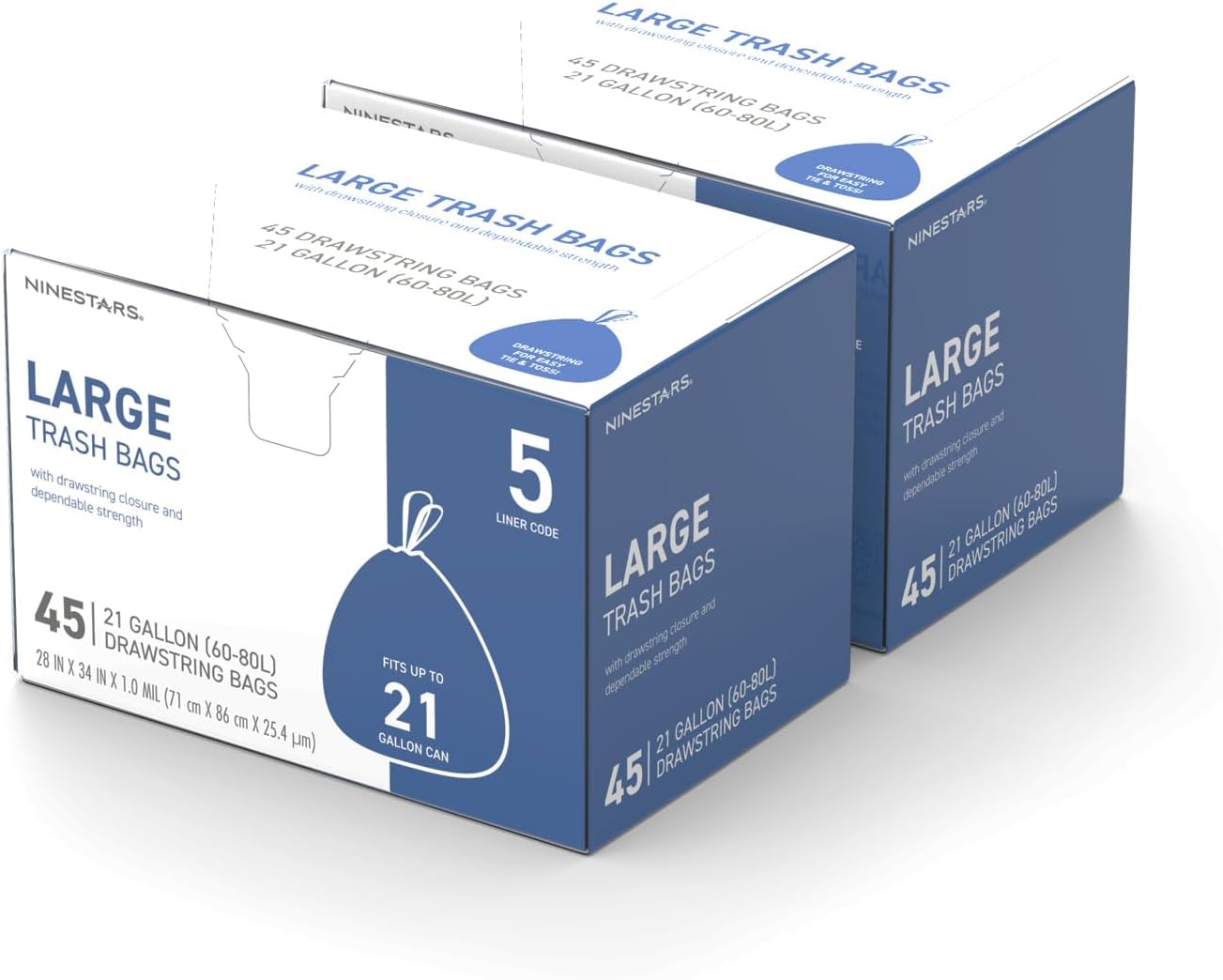 Ninestars Extra Strong White Trash Bags with Drawstring, Multiple Sizes 90 Count, Kitchen Drawstring trash bags 90 Trash Bags (21 gallon 90 ct)