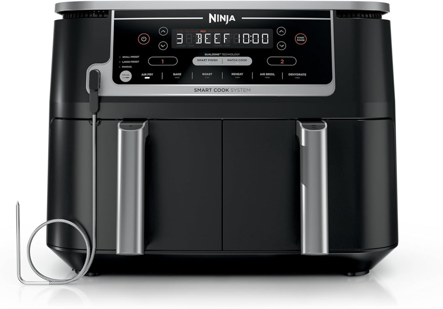 Ninja DZ550 Foodi 10 Quart 6-in-1 DualZone Smart XL Air Fryer with 2 Independent Baskets, Smart Cook Thermometer for Perfect Doneness, Match Cook & Smart Finish to Roast, Dehydrate & More, Grey