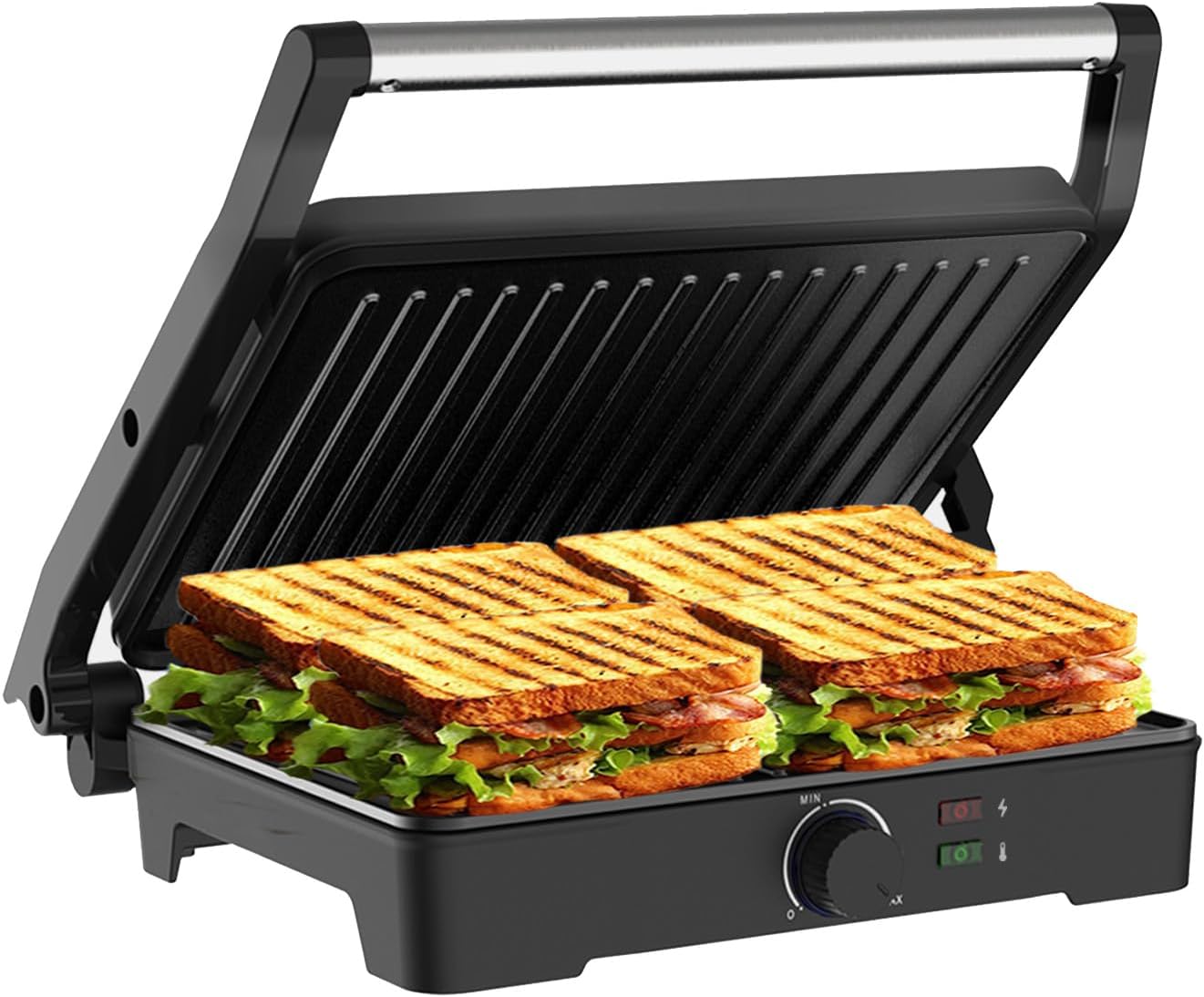 Panini Press,Sandwich Press Grill,180 Degree Open,Perfect for Grilling Sandwich,Steak,Burger,Non-Stick Grill,Table Grill,Stainless Steel,Temperature Adjustable,4 Slice,Barbecue