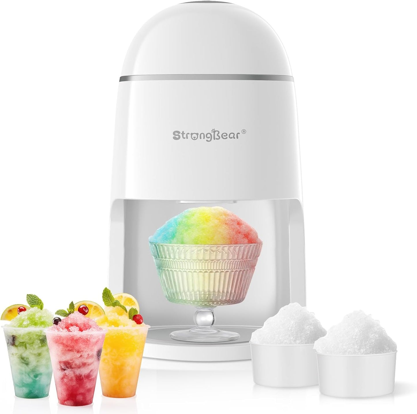 StrongBear Snow Cone Shaved Ice Machine, Electric Ice Shaver Slushie Machine, Snowcone Maker for Home Kids Summer Party, Includes 2 Reusable Ice Mold Cups, 1 Glass Goblet, 1 Non-slip Mat, White