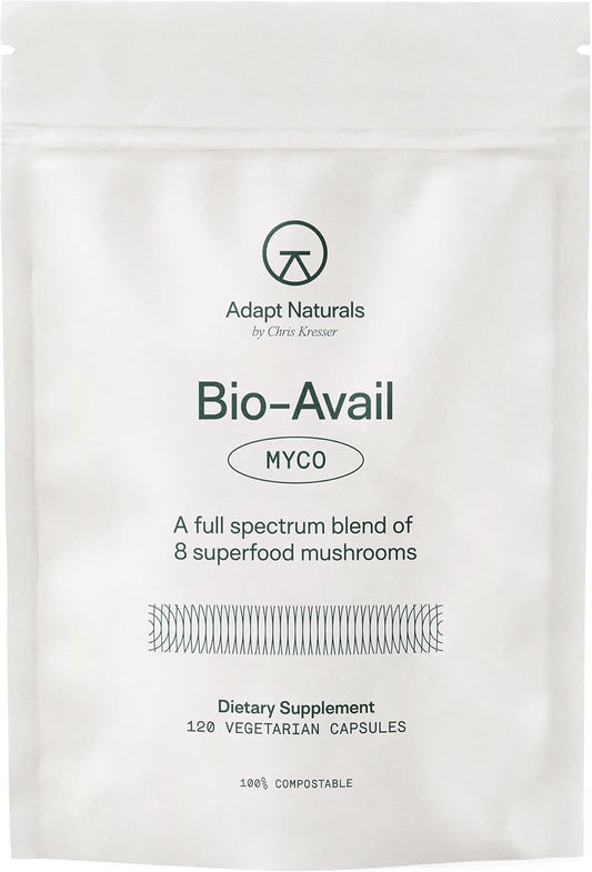 Adapt Naturals Bio-Avail Myco - 8-in-1 Bioavailable Mushroom Supplement Mushroom Complex - Chaga, Cordyceps, Reishi, Lions Mane - Blood Pressure, Memory, Immune - 120 Capsules
