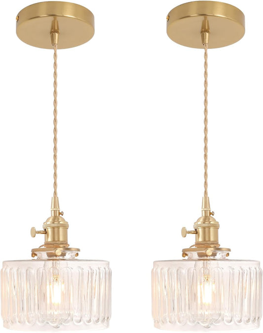 Shenmoyl Pendant Light 2 Pack with Clear Striped Glass Lmapshade, Brass Vintage Pendant Light Adjustable Hanging Light for Kitchen Island Dining Room Hallway