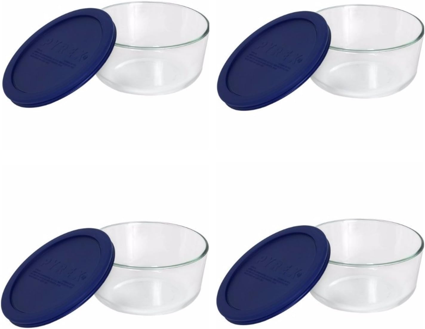 Pyrex Storage Plus 7-cup Round Glass Food Storage Dish Blue Plastic Covers (Pack of 4 Containers) Made in the USA