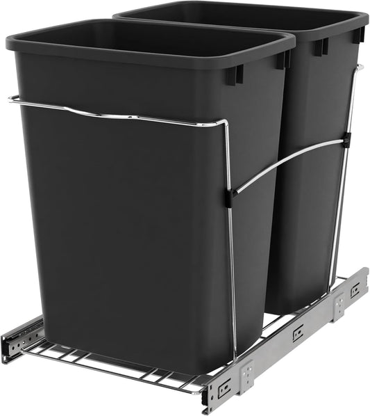 Rev-A-Shelf Double Pullout Trash Can for Kitchen Cabinets 35 Qt Garbage Recycling Bin on Full Extension Slides, Black, RV-18KD-18C S