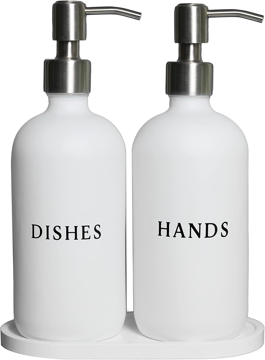 RM Home White Glass Hand and Dish Soap Dispenser Set - Modern Farmhouse Sink Accessories - 16 oz Kitchen Sink Set With Tray, Stainless Pumps & Funnel