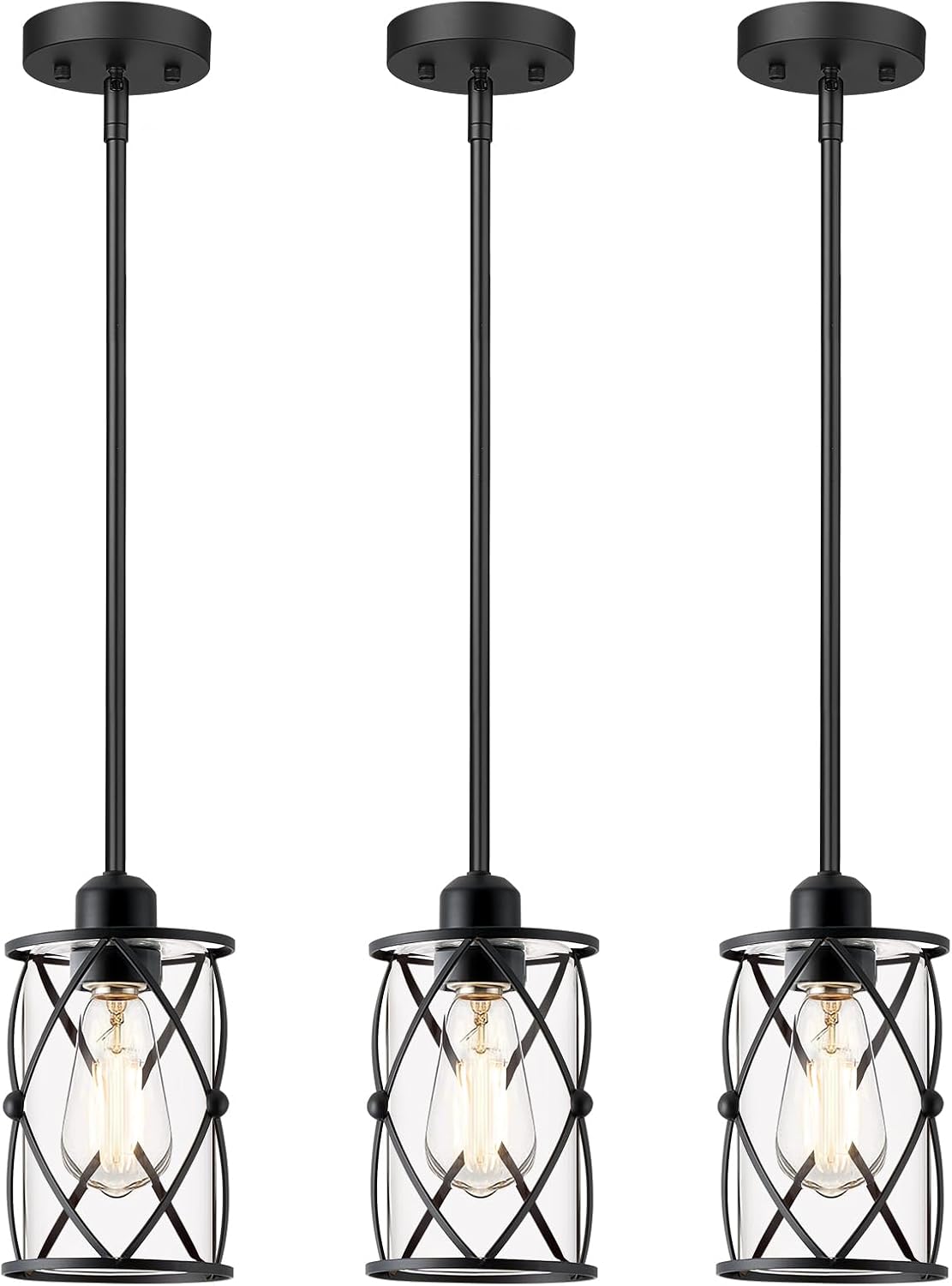 Osimir Glass Pendant Lights Kitchen Island 3 Pack, Black Kitchen Pendant Lighting Over Island with Rod, Modern Mini Hanging Light for Sink Dining Room, CH9176BK-3PK